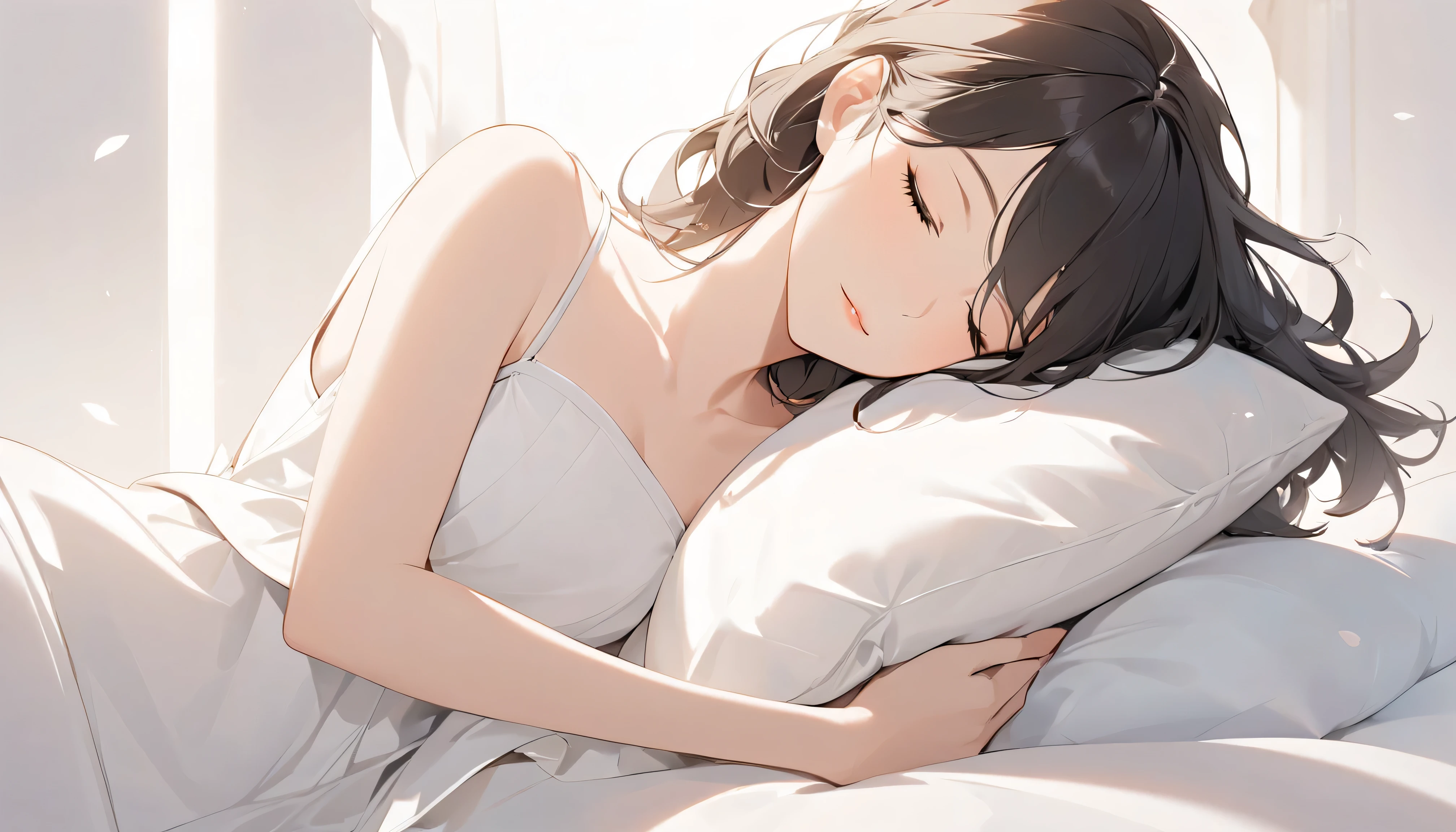 Masterpiece, Superior quality, super detail, 8k, Detailed light, detailed shadows, RAW, (detailed skin), (real: 1.2),, 1 nordic girl, face, (), by white, sleeping in a luxurious bed, Night dress