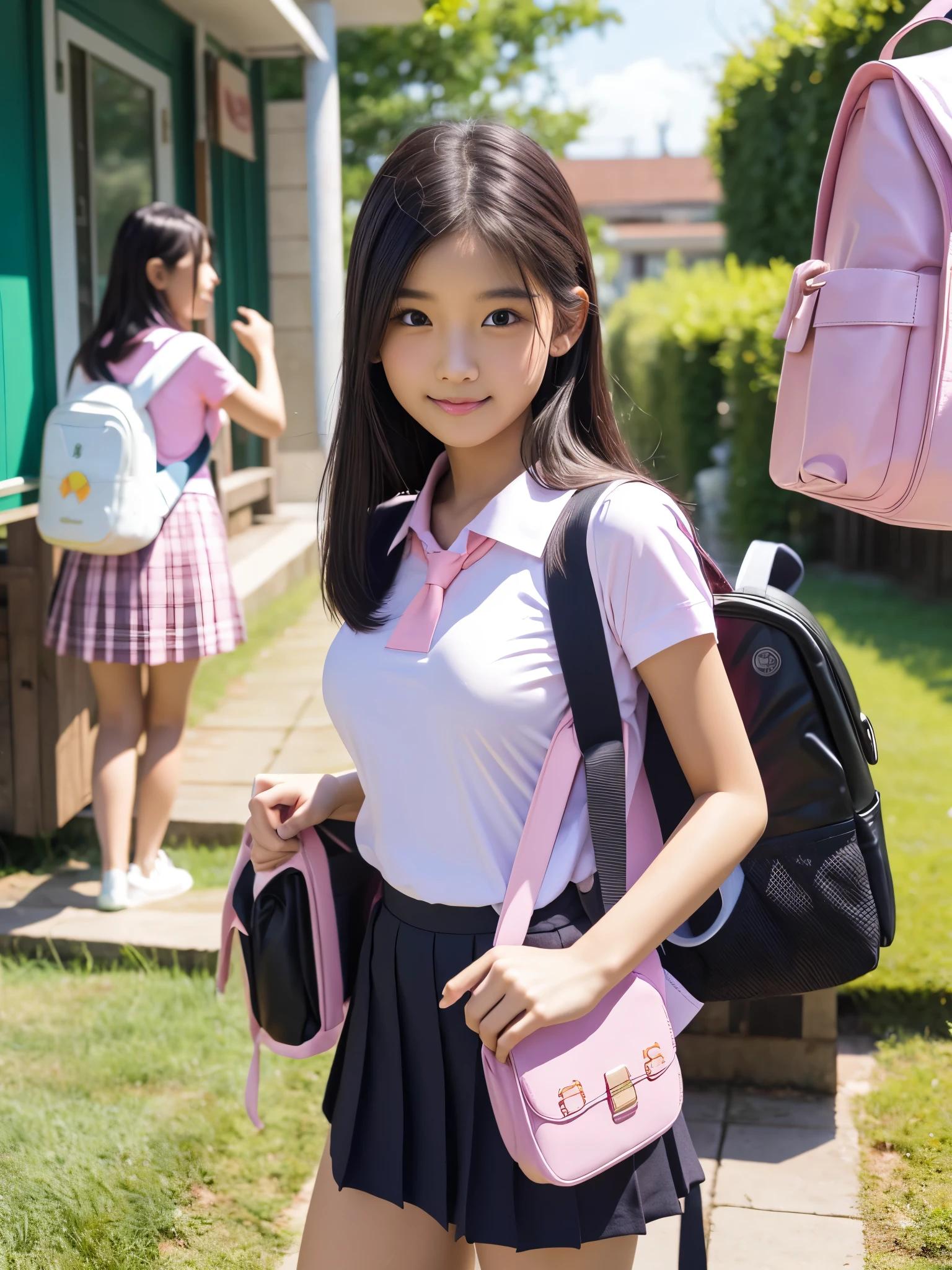 At the ren's park where many ren play , is  ,Girls in Uniform, shows off her beautiful body , beautiful flowing hair ,black semi-long hair, beautiful detailed eyes from outside the train, perfect body for a lawn, perfect face,((Flat Breasts,( erect nipples due to indirect lighting))),(( pink school bags :1.5)), smiles gently ,My classmate boy is playing tricks on the girl ,(( my classmate boy is passionately hugging the girl from behind and touching the girl's boobs))