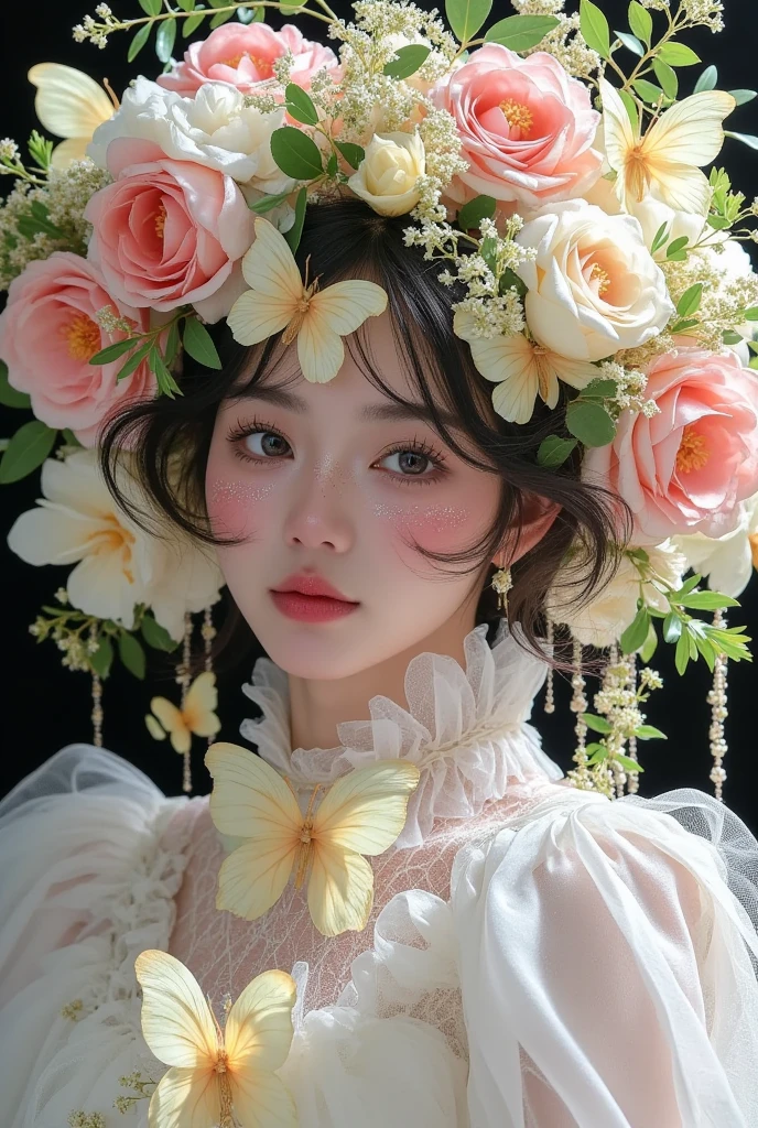 woman wearing a flower-adorned hat with butterflies, fairytale core, artwork in the style of guweiz, guweiz, inspired by Cheng Yanjun, adorable aesthetics, with flowing, ethereal steampunk, dreamlike, ethereal fairytale, dreamlike beauty, 🌺 CG society, guweiz masterpiece, fantasy aesthetics!, belle delphine photo