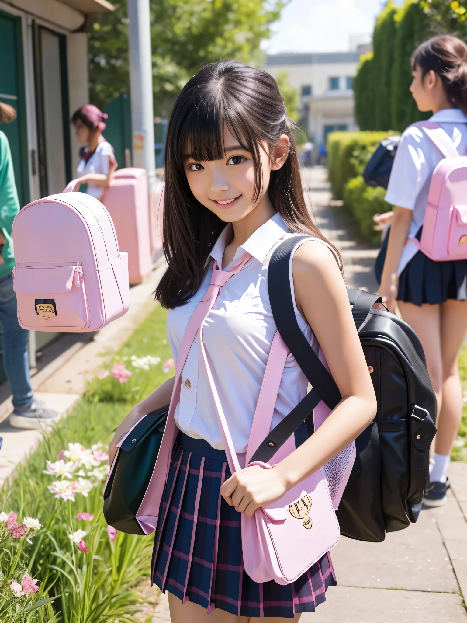 At the ren's park where many ren play , is  ,Girls in Uniform, shows off her beautiful body , beautiful flowing hair ,black semi-long hair, beautiful detailed eyes from outside the train, perfect body for a lawn, perfect face,((Flat Breasts,( erect nipples due to indirect lighting))),(( pink school bags :1.5)), smiles gently ,My classmate boy is playing tricks on the girl ,(( my classmate boy is passionately hugging the girl from behind and touching the girl's boobs))