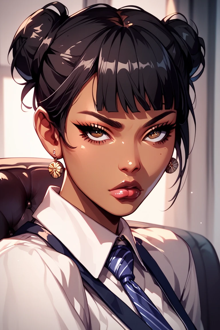  Score_9, Score_8_up, Score_7_up, Score_6_up, Score_5_up, Score_4_up, Source_anime, Tag1, Tag2, Quality_masterpiece,young female,  hair in a bun, black hair, brown eyes, Office Lady, Sitting on chair, Girl of black and Asian descent, ((tanned skin)), serious expression, clear eyes, full lips, frowning a little, 8k, 