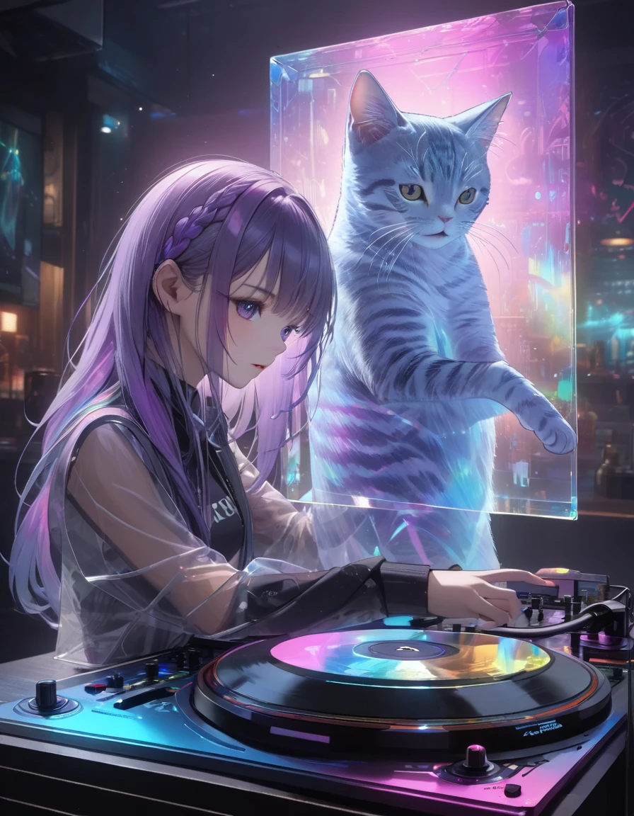 Full color, (transparency:2.0), 
break Ultra-realism, Detailed and realistic skin texture, Detailed and intricate texture, Detailed and intricate brushwork, Detailed and clear depiction, Transparent depiction, aesthetic, DJマシン
Girl with cat, DJ girl in a club, cyber punk, White and purple gradient braided long hair, Neon holographic transparent cat dancing like a human, break Neon Art Background, Cinematic lighting effects, Transparent light, Mysterious Light, Fantastic Fog, Cryptical, 
break (( Phantasmal iridescent , holographic)), (details and Transparent depiction, transparency:1.6), 