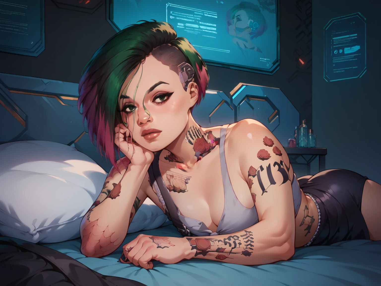 (( Judy Alvarez Cyberpunk 2077 , dimly illuminated surrounded by lots of holographic advertisements and pulsing laser beams, Beautiful face, futuristic atmosphere ,),  country accessories lie on the bed