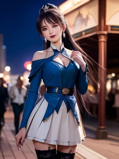 1girl, long hair, dress,hair ornament, cityscape, night, thighhighs, high collar,white skirt,ponytail, cowboy shot, long sleeves, belt,blue eyes,makeup,(best quality, masterpiece1.2), intricate detail, depth of field, 20 years old girl, off shoulder, night, festival, Amusement parks,, standing, Excited, hi