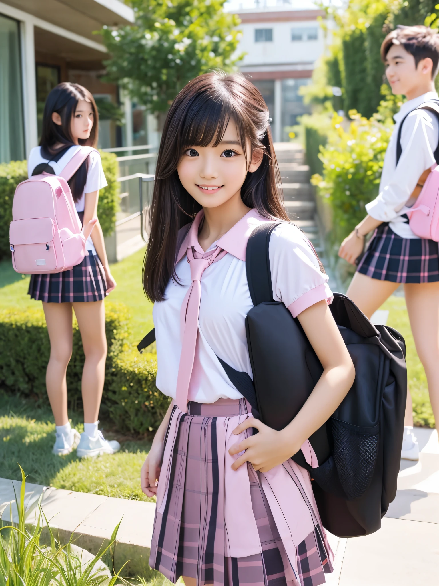 At the ren's park where many ren play , is  ,Girls in Uniform, shows off her beautiful body , beautiful flowing hair ,black semi-long hair, beautiful detailed eyes from outside the train, perfect body for a lawn, perfect face,((Flat Breasts,( erect nipples due to indirect lighting))),(( pink school bags :1.5)), smiles gently ,My classmate boy is playing tricks on the girl ,(( my classmate boy is passionately hugging the girl from behind and touching the girl's boobs))