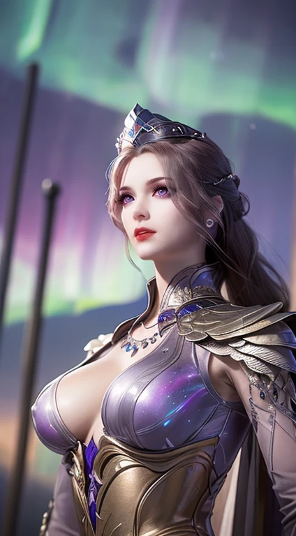 1 sexy goddess wearing sexy purple armor, armor with many intricate and sophisticated patterns, thin armor, deep slit shirt, long and silky purple hair, wearing purple silver spear hat, the most beautiful and detailed hair jewelry, beautiful little face thin eyebrows, the most beautiful and spotless face, ((black iris:0.8)), the very beautiful eyes, big round eyes, ((dark purple color eyes:1.1)), fine and detailed makeup eyelashes, high nose, wearing earrings, small red lips, rosy face, clean face, beautiful face without blemish, smooth white skin, ((big breasts: 0.9)), Blums boobs, ((big and super round breasts:0.9)), ((super tight breasts:1.2)), ((breast augmentation: 0.8)), beautiful breasts, slim and petite body, ((thin waist: 0.9)), upper body of a beautiful girl, Hot and sexy petite body, sexy girl, skirt, 8k photo, super high quality, super realistic, 10x super pixels, photo realistic, dark studio, border light, two tone light, (detailed skin high: 1.2), 8k uhd, dslr, soft light, high quality, volumetric light, candid, Photo, high resolution, light, best photo, 4k quality, 8k, Bokeh, Smooth and sharp, pixel up 10 times, (background space: 1.8), (galaxy: 1.7), aurora, lightning, super graphics, the most realistic graphics,(Aurora Background: 1.8), alone, solo, portrait 9:16, Extremely sharp, super realistic images,