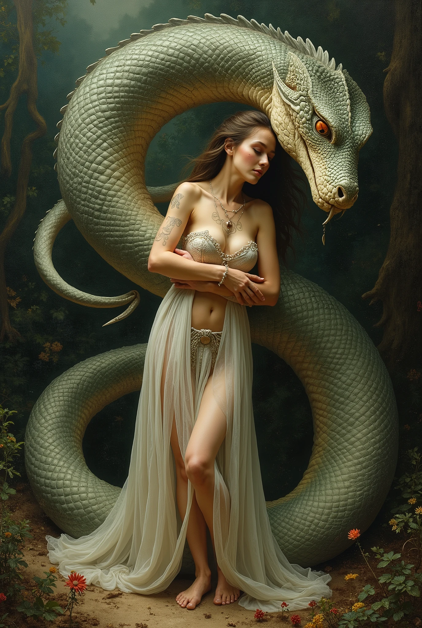 Drawing of a woman, standing next to the dragon, which depicts a woman, dragon in the background, dragon girl,woman riding a dragon, Scylla and Charybdis, dragon of our kind, fan art, Hot Humanoid Woman, inspired by Juliana Sveinsdottir, Half-dragon