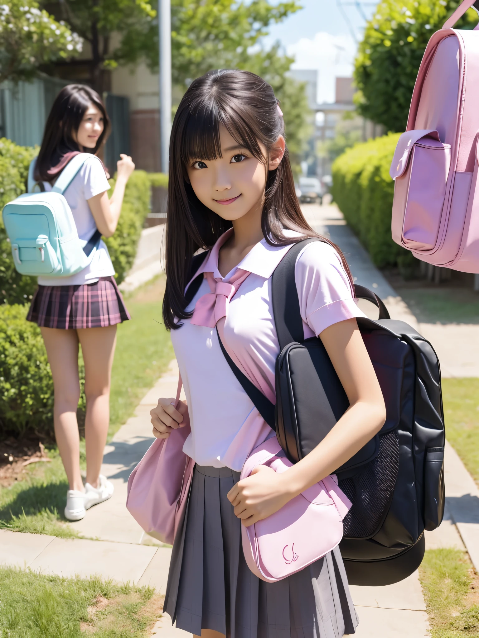 At the ren's park where many ren play , is  ,Girls in Uniform, shows off her beautiful body , beautiful flowing hair ,black semi-long hair, beautiful detailed eyes from outside the train, perfect body for a lawn, perfect face,((Flat Breasts,( erect nipples due to indirect lighting))),(( pink school bags :1.5)), smiles gently ,My classmate boy is playing tricks on the girl ,(( my classmate boy is passionately hugging the girl from behind and touching the girl's boobs))