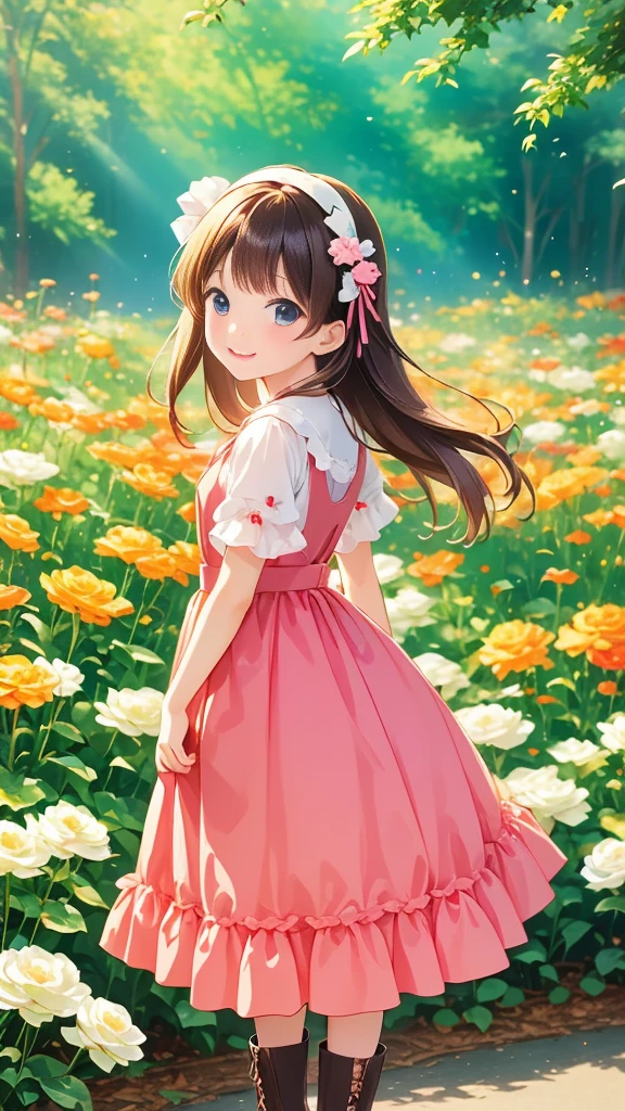    anime style、story、、   cute女の子 、とてもcute天使、   pink gothic dress  、cute、baby face、smile、   Long Skirt 、    black boots 、Very cute headband
