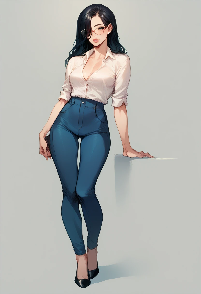 score_9, score_8_up, score_7_up, score_6_up, detailed art of a woman, pale, smooth skin, hair over both eyes, long straight black hair, full lips, slender physique, white office shirt, glasses, blue pants, black heels,
