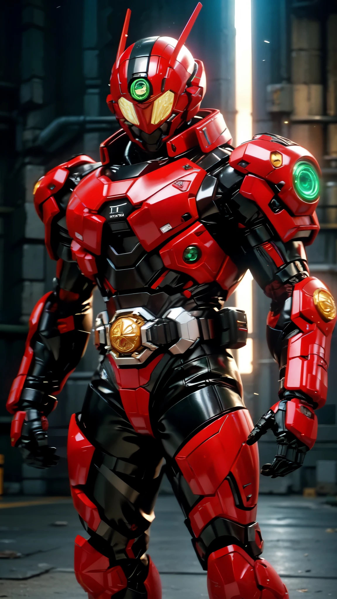 (masterpiece:1.5, best quality:1.5, extremely delicate:1.5), ((male:1.5)), a man wearing a full-face helmet, high-tech biomimetic armored combat suit, (a composite layered chest armor), the design balances heavy with agility, fully enclosed shoulder guards, matching arm and leg guards, a belt of gemstone, (the color scheme is primarily Red with Green and Yellow accents, Organic Biotech, Concept Inspired by Kamen Rider, glowing eyes, armor glows), stand of a futuristic sci-fi city, this character embodies a finely crafted fantasy-style armored hero in anime style, exquisite and mature art style, metallic, high definition, highres, ultra-detailed, ultra-fine painting, professional, perfect body proportions, golden ratio, anatomically correct, symmetrical face, extremely detailed eyes and face, high quality eyes, creativity, RAW photo, UHD, 32k, Natural light, cinematic lighting, (masterpiece-anatomy-perfect:1.2)