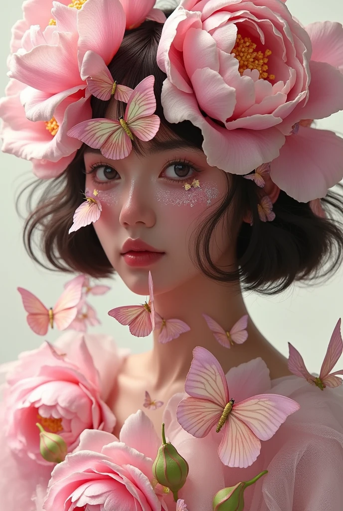 there is a woman wearing a  corolla with butterflies around her head, Fairy Tale Core,  机械桃玫瑰皇冠 , , artwork in the style of Gu Weiss, corolla, lotus corolla girl, 🌺 CG Society,  corolla, Aesthetic Portraits, Adorable realistic portrait , Rose Crown, Flower headdress, Gu Weiss