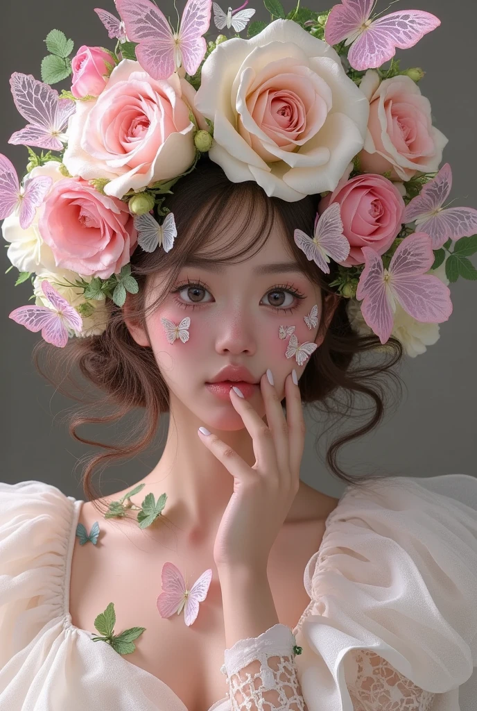 there is a woman wearing a  corolla with butterflies around her head,  Yang Jie's digital art ,  is popular in the CG community, Rococo, Fairy Tale Core,  机械桃玫瑰皇冠 , ,  Art in the style of Gu Wei , corolla, lotus corolla girl, 🌺 CG Society,  corolla, Aesthetic Portraits, Adorable realistic portrait , Rose Crown