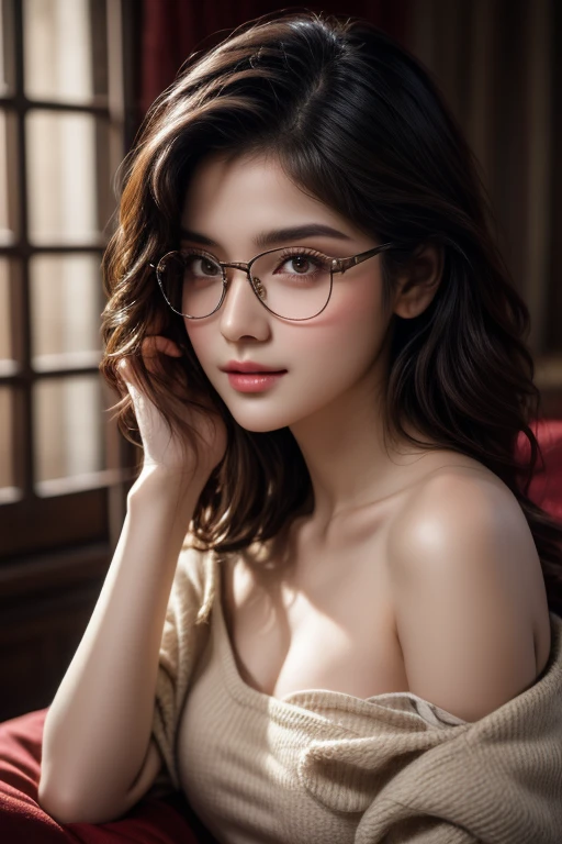 In a dimly lit bedroom, a stunning portrait of a indian beauty with dark bobbed hair and glasses dominates the frame. She sits comfortably on a plush bed, sweat glistening on her skin as she gazes directly at the viewer. The ultra-high resolution 8K camera captures every detail, from the subtle curves of her features to the intricate patterns on her clothes. This masterpiece is a testament to the artist's skill in capturing beauty and intimacy.