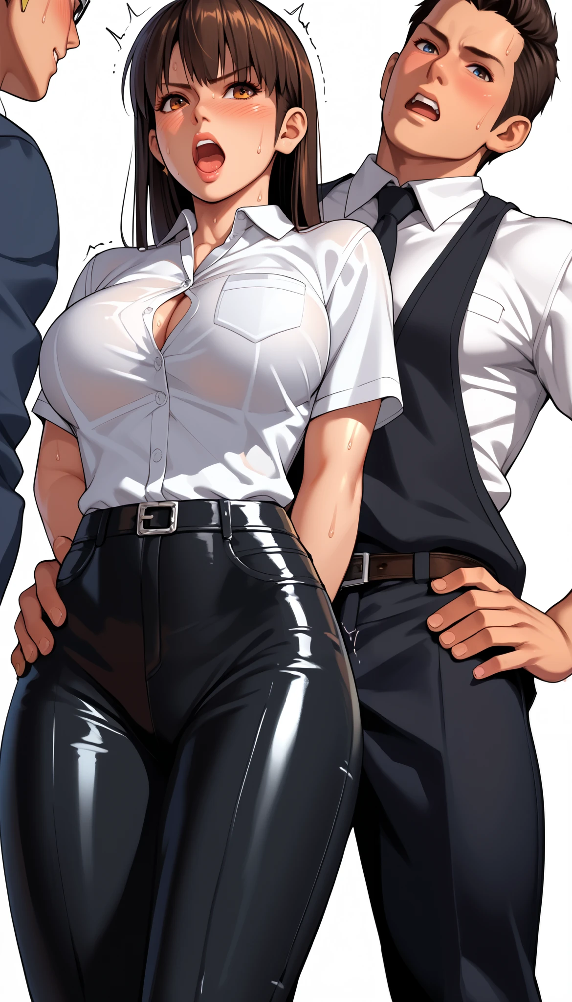 LeiFangDOA, gasp, 1 girl and 1 male, a male holding girl’s hip, glossy black pants, a glossy white business shirt, arms behind back, {{arching the body backward}}, office lady, be breathless, sweat, sparkling sweat, trembling, long brown straight hair, breasts, [[angry]], blush, {anguish}, {{shameful}}