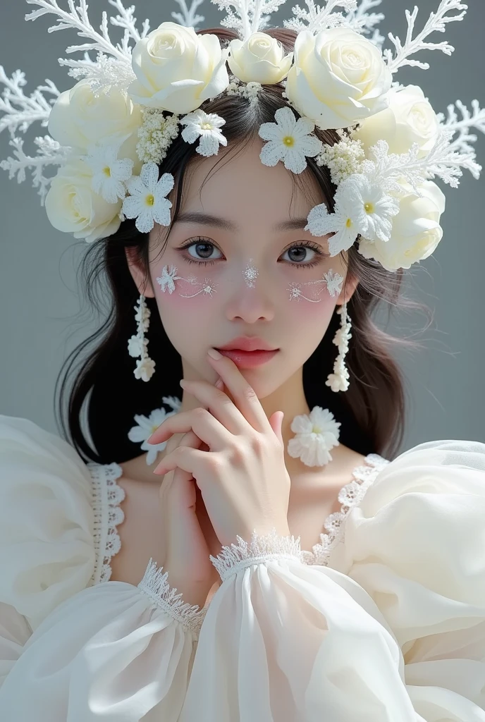  There is a woman wearing a white dress and flower crown,  Fantastic Beauty,  Ethereal Fairy Tale , Porcelain white skin , ethereal!!!!!!!,  There are frozen flowers all around , pale Porcelain white skin ,  unbelievably ethereal ,  Pale Snow White Skin , 🌺 CG Society, 8K)), Porcelain white skin, Gu Weiss, Pale milky porcelain skin, Dreamy and detailed