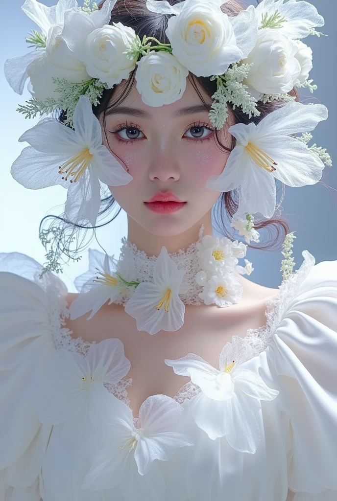  There is a woman wearing a white dress and flower crown, Digital art inspired by Jin Nong, tumblr, Rococo,  Fantastic Beauty,  Ethereal Fairy Tale , Porcelain white skin , ethereal!!!!!!!,  There are frozen flowers all around , pale Porcelain white skin ,  unbelievably ethereal ,  Pale Snow White Skin , 🌺 CG Society, 8K)), Porcelain white skin, Dreamy and detailed