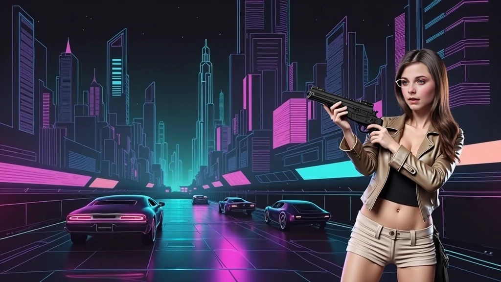 At night, simple outlined cyberpunk city, flying cars, neon waterfall, line art background. (1girl, solo), photo realistic, medium-breast:1.3 slim body, cleavage, sling top, miniskirt, black sunglasses, holding a short gun, half-body thigh level medium shot, cinematic lighting, ray tracing.