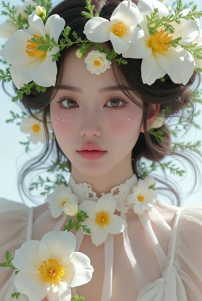  There is a woman wearing a flower crown, Gu Weiss, 🌺 CG Society,  Fantastic Beauty, artwork in the style of Gu Weiss, Porcelain white skin ,  ethereal , Flower Goddess, ethereal!!!  Super Realistic , Close-up shot of a woman holding a vase with flowers , Aesthetic Portraits, Lotus flower crown girl,  was inspired by Cheng Yanjun , Pale milky porcelain skin, 8K))