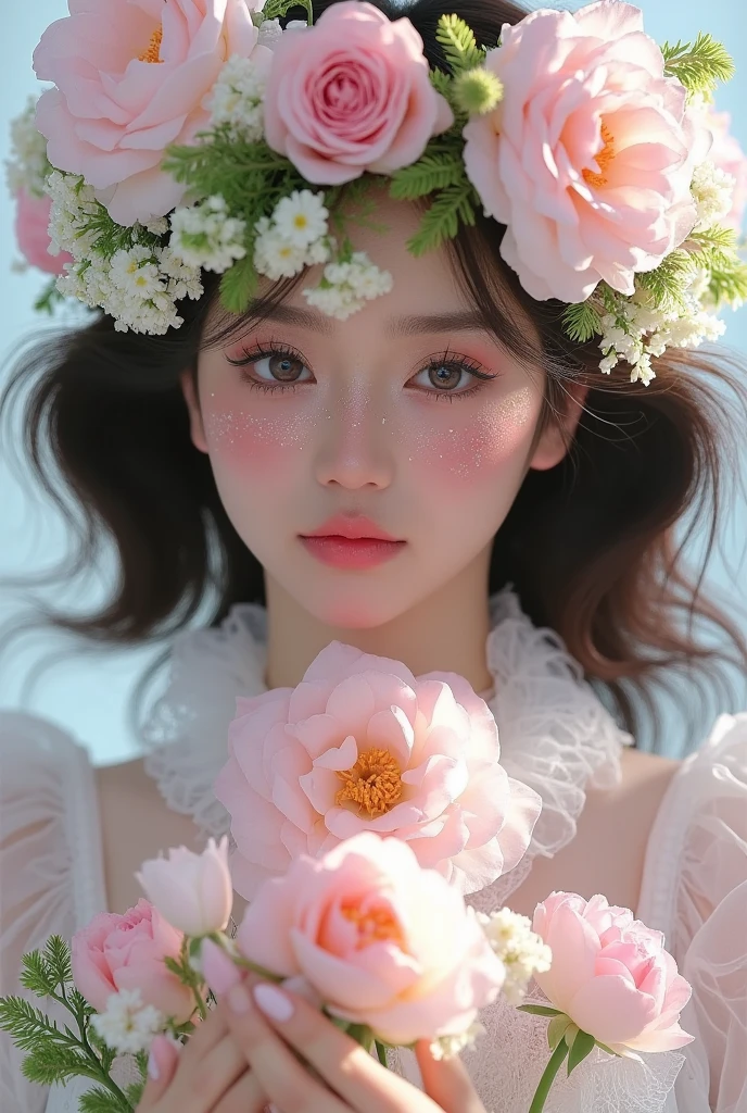  There is a woman wearing a flower crown,  Digital Art inspired by Yanjun Cheng, tumblr,  Digital Art, Gu Weiss, 🌺 CG Society,  Fantastic Beauty, artwork in the style of Gu Weiss, Porcelain white skin ,  ethereal , Flower Goddess, ethereal!!!  Super Realistic , Close-up shot of a woman holding a vase with flowers , Aesthetic Portraits, Lotus flower crown girl