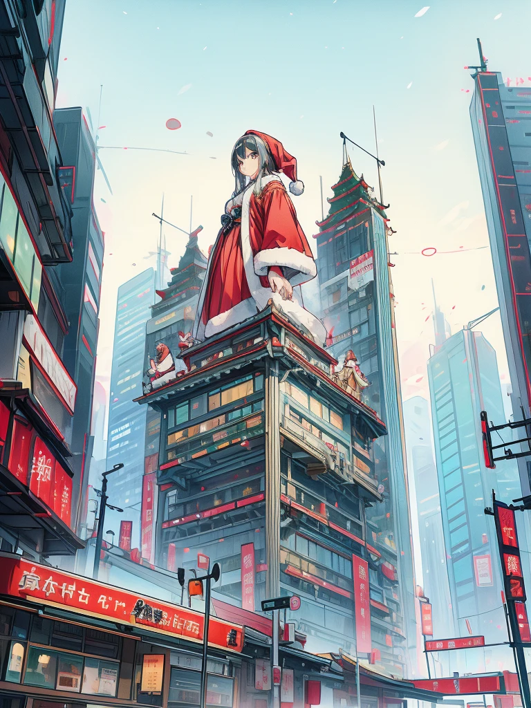 巨大な Santa Clausの衣装の女の子　 Santa Claus　Big giant in a valley of skyscrapers 