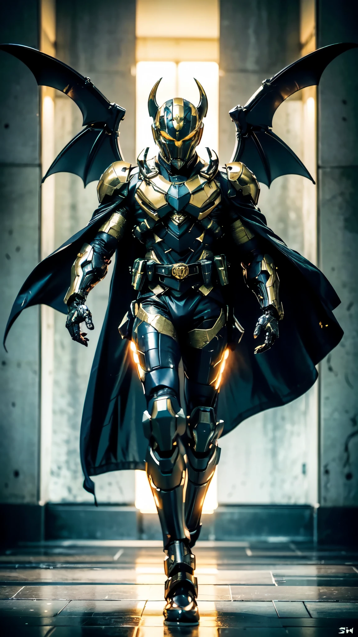 (masterpiece:1.5, best quality:1.5, extremely delicate:1.5), ((male:1.5)), a man wearing a full-face helmet, high-tech biomimetic armored combat suit, (a composite layered chest armor), the design balances heavy with agility, fully enclosed shoulder guards, matching arm and leg guards, a belt of gemstone, (the color scheme is primarily Red with Green and Yellow accents, Organic Biotech, Concept Inspired by Bat, glowing eyes, armor glows, huge cloak like devil wings), stand of a futuristic sci-fi city, this character embodies a finely crafted fantasy-style armored hero in anime style, exquisite and mature art style, metallic, high definition, highres, ultra-detailed, ultra-fine painting, professional, perfect body proportions, golden ratio, anatomically correct, symmetrical face, extremely detailed eyes and face, high quality eyes, creativity, RAW photo, UHD, 32k, Natural light, cinematic lighting, (masterpiece-anatomy-perfect:1.2)