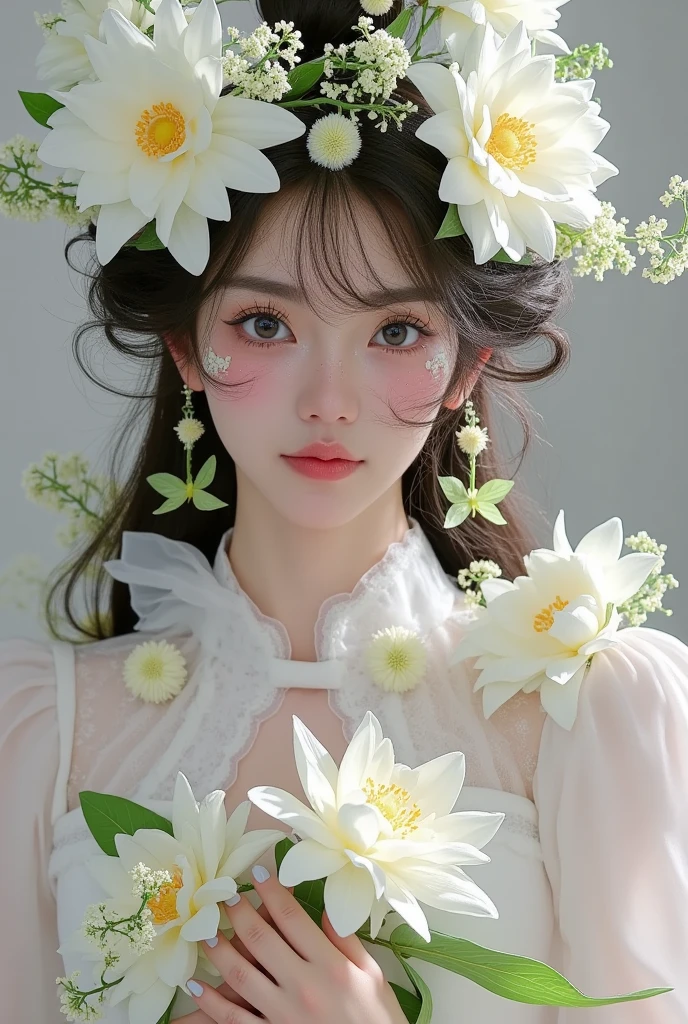  There is a woman wearing a flower crown, 🌺 CG Society, dream般的美丽, ethereal!!!!!!!,  Ethereal Fairy Tale , Lotus flower crown girl, Flower Goddess, Gu Weiss,  ethereal , Porcelain white skin , Fairy Tale Core, Flower Empress,  white Hanfu, By Ye Xin, dream, ethereal!!!  Super Realistic , 非常神奇dream