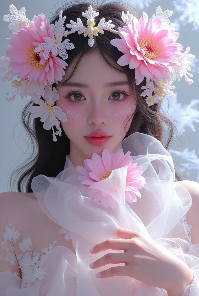  There is a woman wearing a flower crown, Ye Xin's digital art, tumblr, Fantasy Art, 🌺 CG Society, dream般的美丽, ethereal!!!!!!!,  Ethereal Fairy Tale , Lotus flower crown girl, Flower Goddess, Gu Weiss,  ethereal , Porcelain white skin , Fairy Tale Core, Flower Empress,  white Hanfu, dream