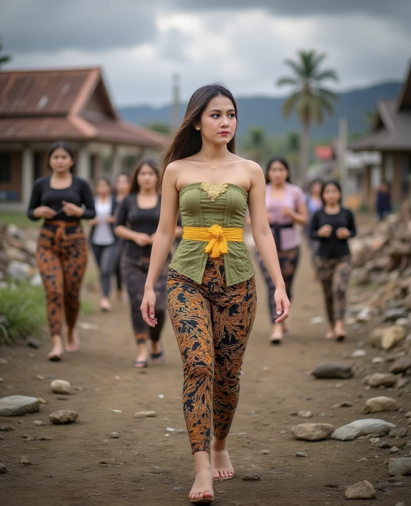 A dramatic scene in an Indonesian village post-earthquake. In the foreground, there are many Indonesian people from various walks of life running in panic and fear. Among them, a young Javanese princess, 25 years old, with a sweet and traditional appearance, stands out. She wears a simple traditional green strapless kemben made of raw fabric adorned with a few golden ornaments, a yellow waistcloth or selendang, and a batik jarik wrapping her slender legs. She is barefoot, walking amidst the ruins of a village devastated by an earthquake. The background shows collapsed houses and debris under a cloudy, ominous sky. Realistic photo, looking side, serious expressions, diagonal angle, dynamic composition