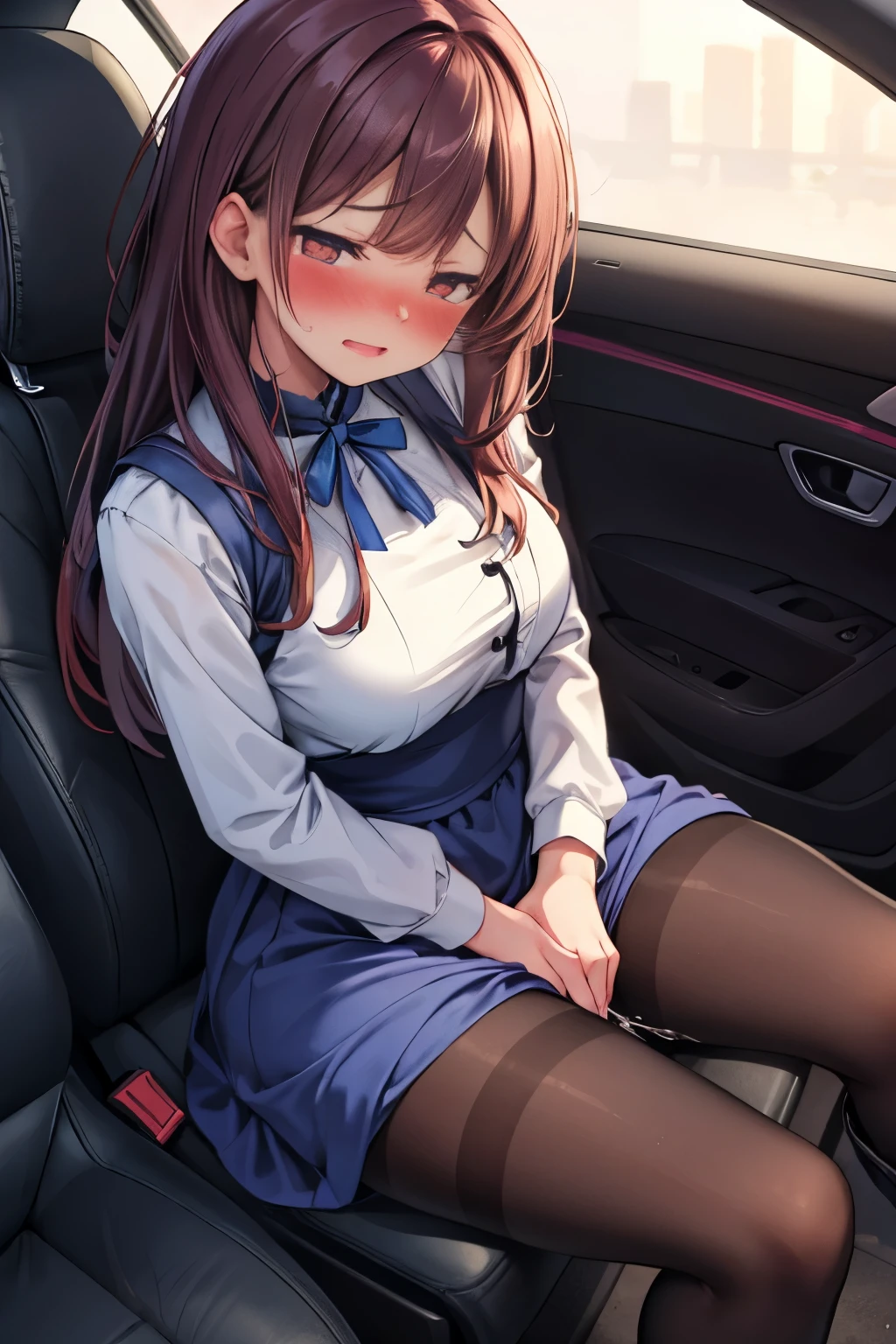 (8K, ultra-detailed, best quality, anatomically perfect body:2), (beautiful breast:1.2), shiny skin, (1 girl), (have to pee), (desperate urge to pee), (her bladder is at its limit:1.3), (sitting on seat in car:1.6), (fidget:1.5), (maxi dress, pantyhose, ankle boots:1.5), (Untidy hair:1.4), (she squeezes her crotch tightly:1.6), (leaning backward), (Rub each other's thighs:1.5), (shrugs:1.6), (orgasm:1.5), (full face blush:1.7), (embarrassment:1.6), (impatience:1.7), (flustered:1.5), (flowing sweat:0.7), (twist whole body:1.3), (panting), breathless, (Humiliation), (Erotic feelings), (closed eyes:0.95), (She is turn-on to hold pee:1.2), (tear), (head tilt:1.1), (parted lips:1.1), (SIGMA 105 mm F/2.8, 1/100 sec shutter, award-winning), from above, close up waist, nsfw,