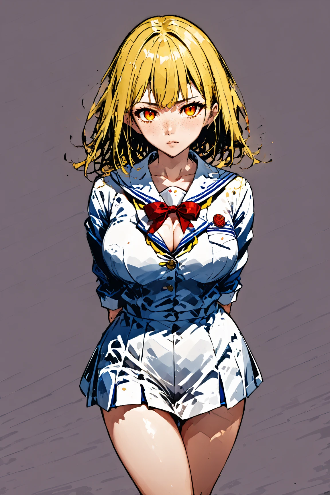 One young asian girl、Sailor suit, bangs、freckles、high school girl、Slender、Slender body、sexy pose, arms behind back, yellow hair, big orange eyes, (anime), manga, big breasts, cleavage, (solid background), 