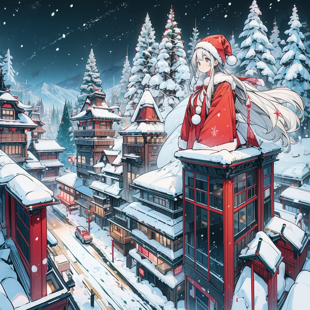 巨大な Santa Clausの衣装の女の子　 Santa Claus　A big giant in a valley on a skyscraper street road　 night view　Snow Scene　Box with ribbon　Snowfall　Santa hat　large white bag 