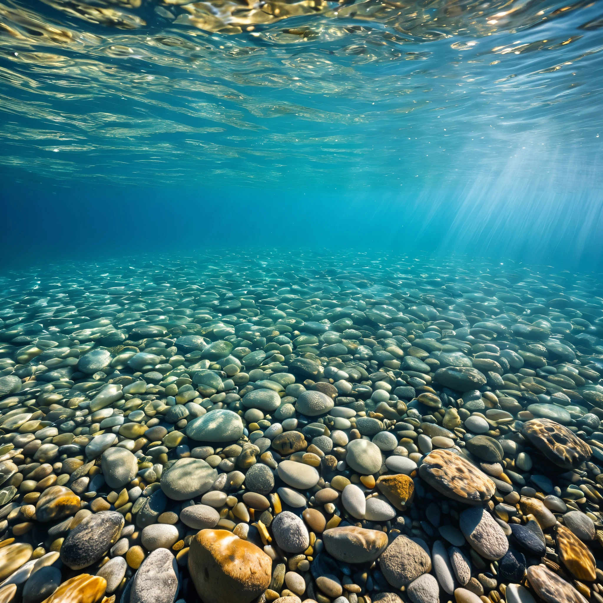 a realistic photos of a tranquil water surface from (top-dowm view), shallow and clear water, (see-through water surface), [pebbles] in water bottom, fishes, (ray of sunlight), vibrant lighting, high-resolution image