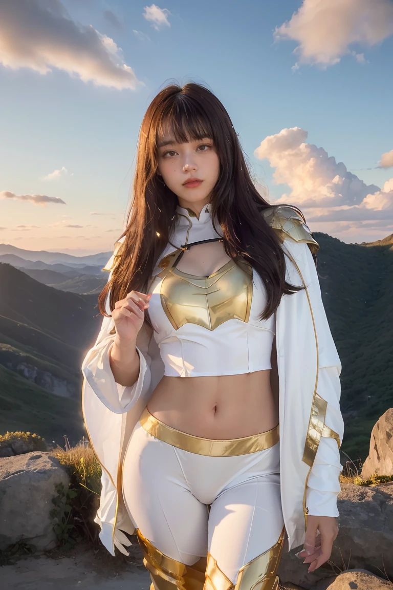 ((masterpiece, best quality, extremely detailed), volumetric lighting, ambient occlusion, colorful, glowing), 1girl, solo, young girl, (dark hair), long hair, ranger suit, hunter class dnd, cloak, (white outfit with gold detailst:1.3), armor, outdoors, sunset, sky, clouds, space, (fantasy theme:1.2),