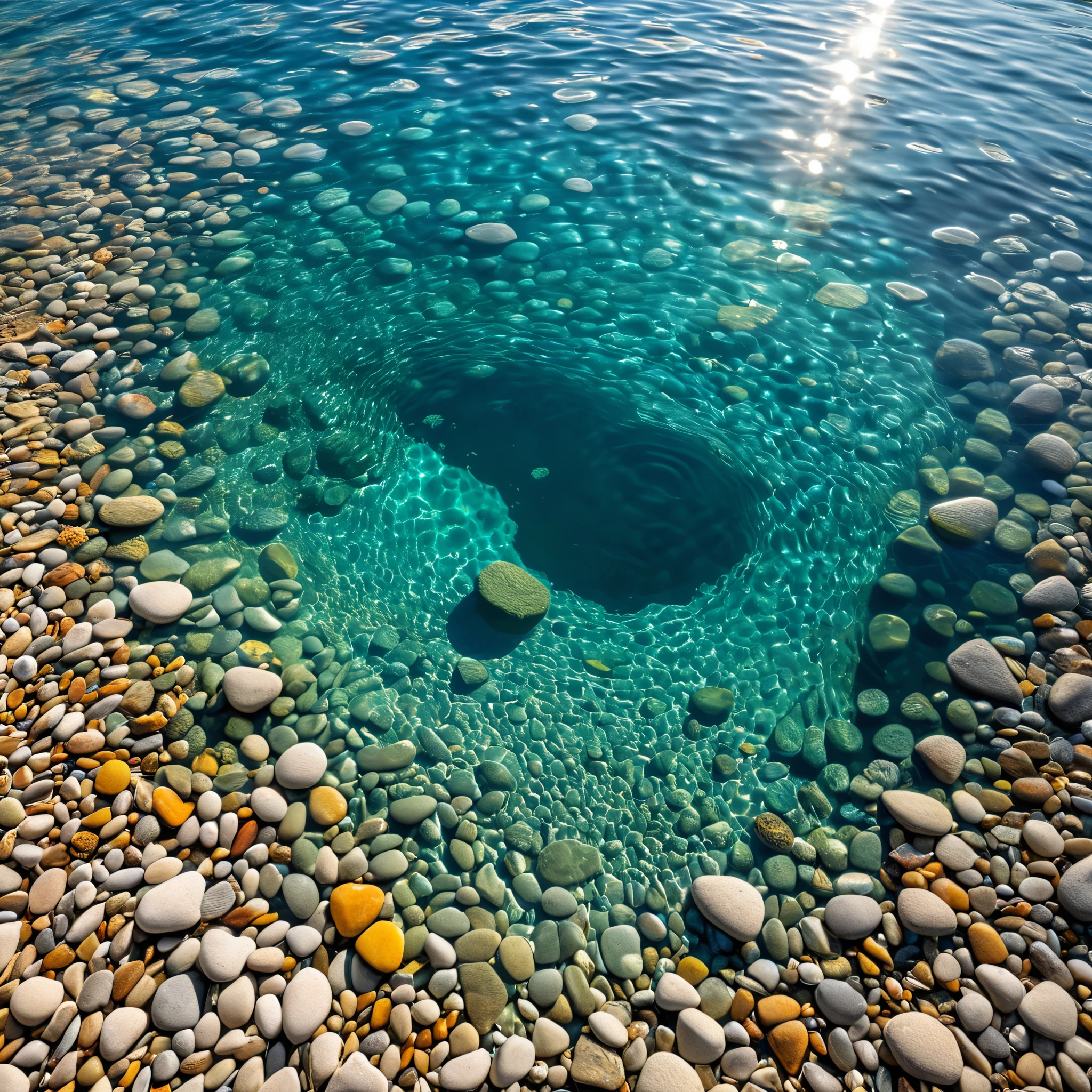 a realistic photos of a tranquil water surface from (top-dowm view), shallow and clear water, (see-through water surface), [pebbles] in water bottom, fishes, (ray of sunlight), vibrant lighting, high-resolution image