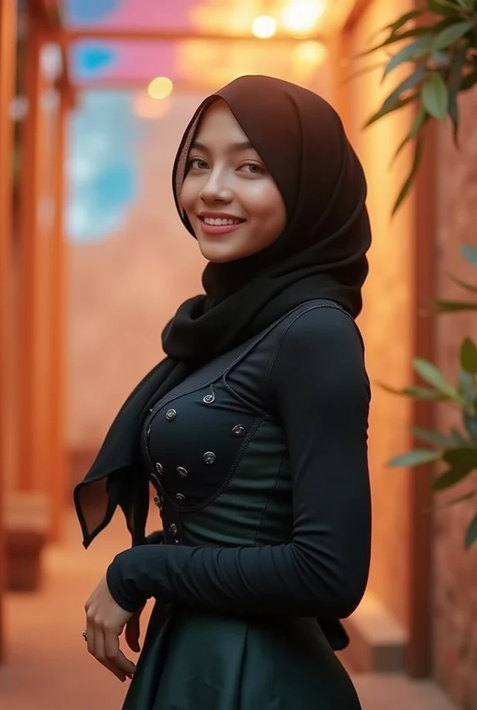 A vibrant, surreal cinematic scene unfolds: a lovely, slim slender, hijab girl wearing a beautiful, fitted outfit and a sweet expression in a medium shot. Soft, warm lighting accentuates an elegant appearance and cheerful demeanor. Relaxed posture, bright smile, the wind gently blowing her skirt and black long hijab. The balanced composition reveals intricate details and a dreamlike atmosphere. Abstract, colorful backgrounds enhance a cultural, ethereal presence.,hijab,jilbob