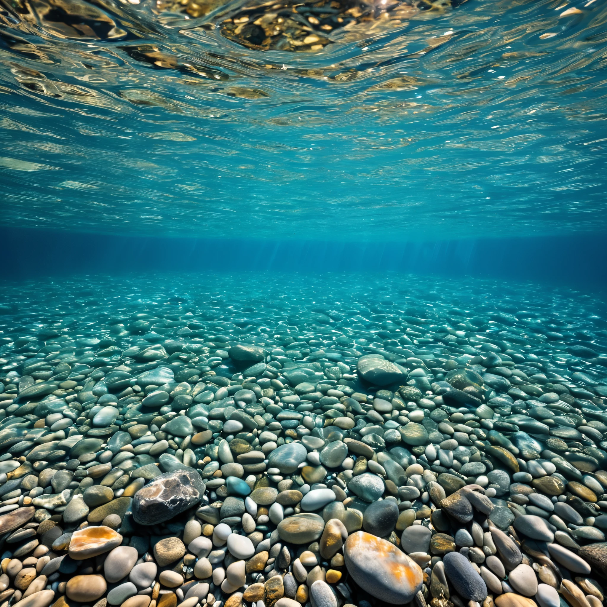 a realistic photos of a tranquil water surface from (top-dowm view), shallow and clear water, (see-through water surface), [pebbles] in water bottom, fishes, (ray of sunlight), vibrant lighting, high-resolution image