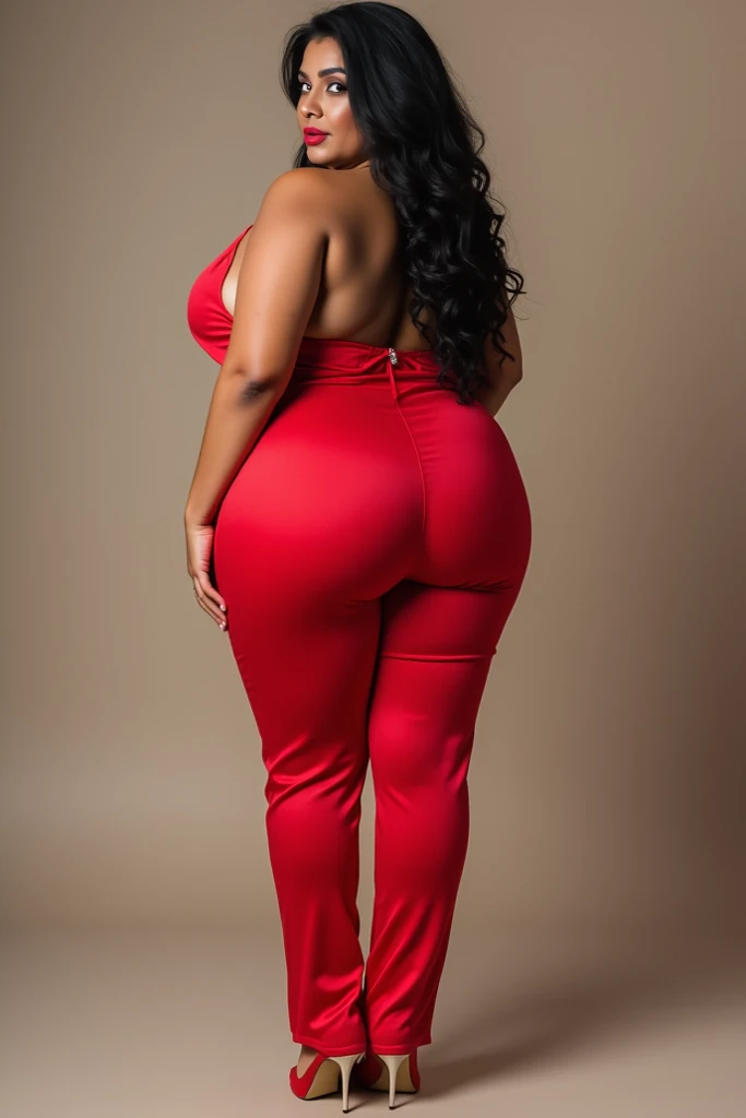 Arabic Woman , take a photo on the iron fence, curvy body , wearing jumpsuit pajamas, beautiful woman, very detail ,pawg, long legs ,thick high, full body in camera, pawg, wearing strap wedges, ass view