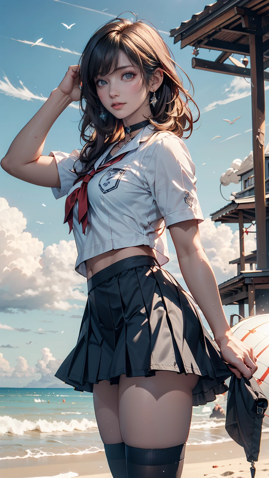 ((  Masterpiece )), (( best quality)), (( high definition )), (( Highly detailed CG Unity 8K wallpaper )), Alone, Tachibana Kanade ,  tan school uniform with split hair, micro mini black skirt ,  white socks , Outdoor, face, Curtain Hair,  beach , Hair split ,  Silver Hair、 choker、blue sky、cloud、