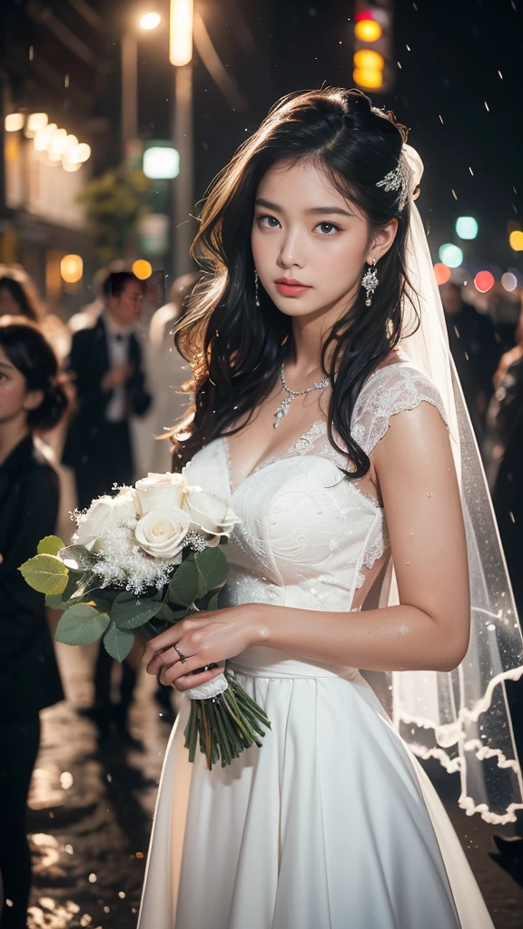 Beautiful Japanese waifu, early 30s, brunette hair, white wedding dress, holding a buchnof flower, in the rain