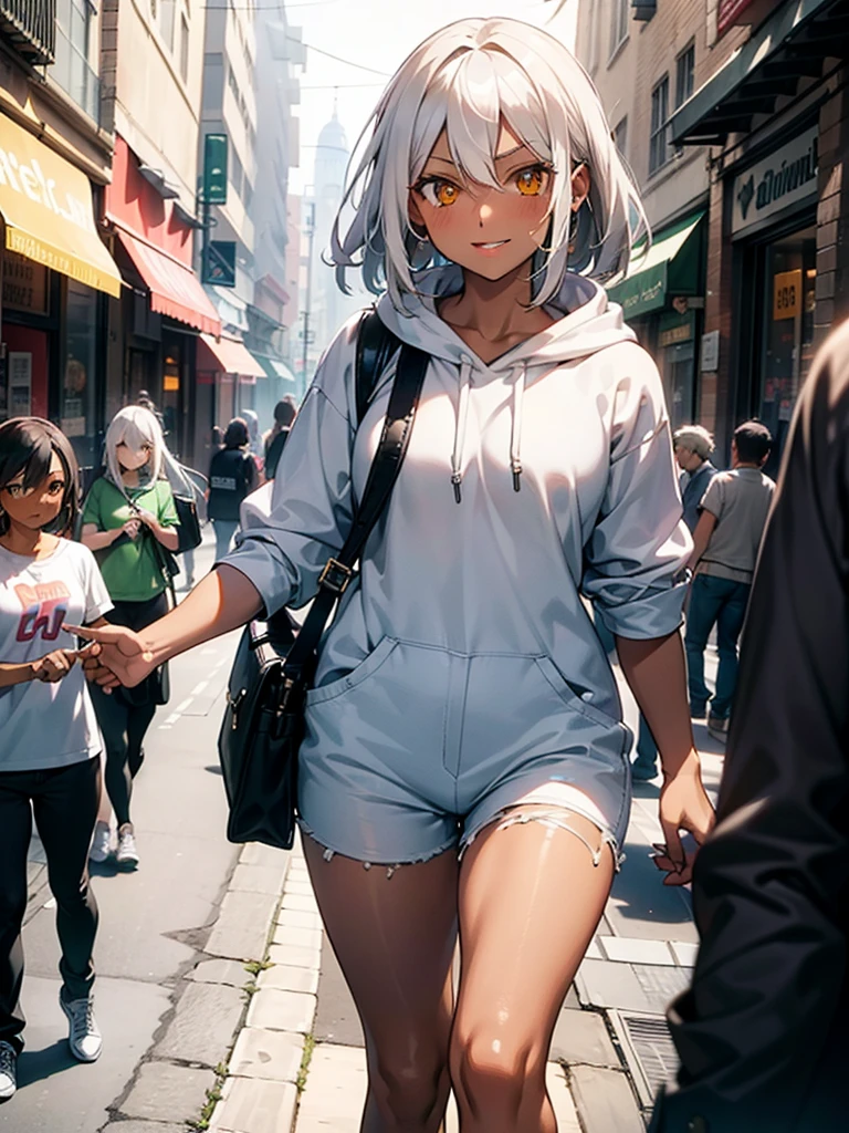 (​masterpiece、top-quality、hight resolution、Unity 8k、extremely details CG:1,Best Picture), Grey hair, yellow eyes,((((dark skin)))), 1girl, "A modern urban setting, a young woman wearing a casual outfit consisting of a hoodie, jeans, and casual sneakers, standing in a bustling city street. She is not wearing a mask this time, and her face shows a wide, mischievous smile, her eyes sparkling with excitement. Her posture is relaxed but slightly playful, and her expression suggests she's eagerly imagining what's about to happen. The backdrop includes small shops and blurred passersby, emphasizing the focus on her emotions. She carries a small crossbody bag, with minimal belongings, implying her mind is solely focused on the person she's meeting. The mood is lighthearted, with a hint of intimacy and anticipation, as this is their second meeting, and they seem to have exceptional chemistry."