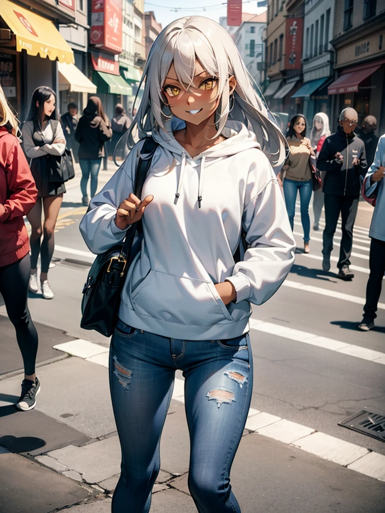 (​masterpiece、top-quality、hight resolution、Unity 8k、extremely details CG:1,Best Picture), Grey hair, yellow eyes,((((dark skin)))), 1girl, "A modern urban setting, a young woman wearing a casual outfit consisting of a hoodie, jeans, and casual sneakers, standing in a bustling city street. She is not wearing a mask this time, and her face shows a wide, mischievous smile, her eyes sparkling with excitement. Her posture is relaxed but slightly playful, and her expression suggests she's eagerly imagining what's about to happen. The backdrop includes small shops and blurred passersby, emphasizing the focus on her emotions. She carries a small crossbody bag, with minimal belongings, implying her mind is solely focused on the person she's meeting. The mood is lighthearted, with a hint of intimacy and anticipation, as this is their second meeting, and they seem to have exceptional chemistry."