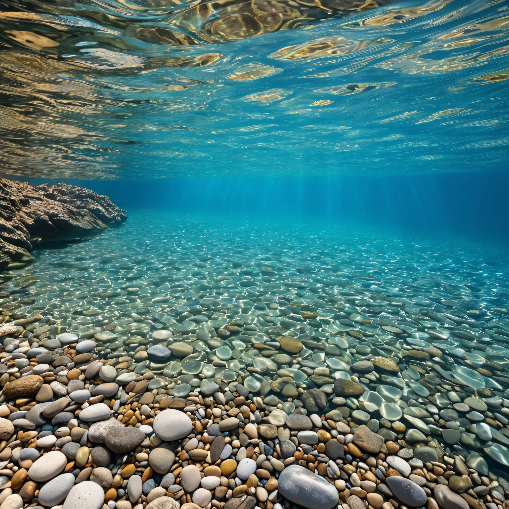 a realistic photos of a tranquil water surface from (top-dowm view), shallow and clear water, (see-through water surface), [pebbles] in water bottom, fishes, (ray of sunlight), vibrant lighting, high-resolution image