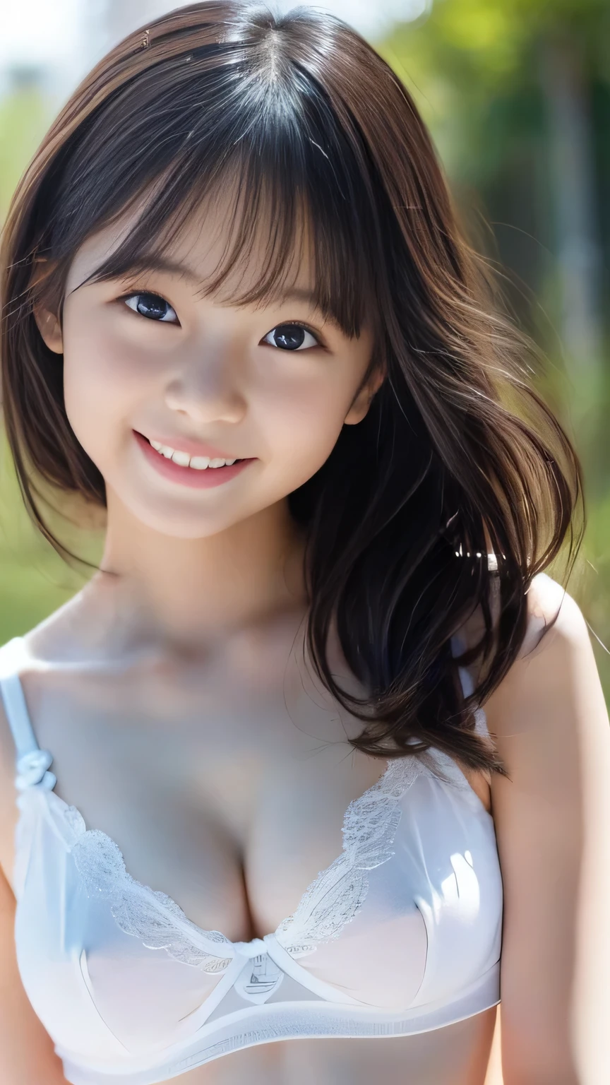 A perfect masterpiece、        best quality、   High resolution     、      Award-winning works   、world masterpiece、     sharp concentration 、 cute girl、Yeah,   Smaller breasts,,(cute:1.2),  baby face、  Japanese Girl、 Capturing natural beauty and compassion ,  White transparent underwear  、   wet 、  full body portrait 、       amazing smile       、Front View、  Viewers Don't Know   