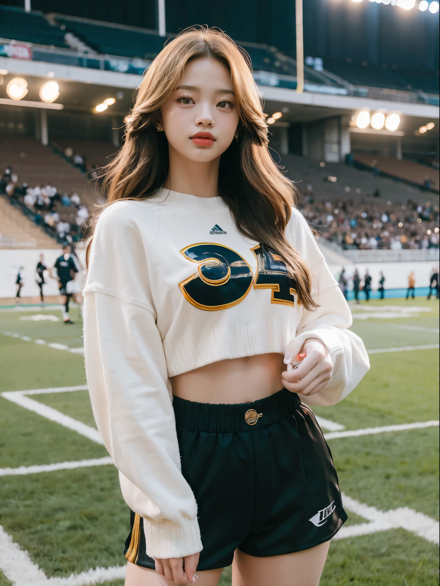 Masterpiece, superlative, realistic, Jennie wearing trendy football uniforms, knitwear, football shorts, HD, photography lighting, 16k