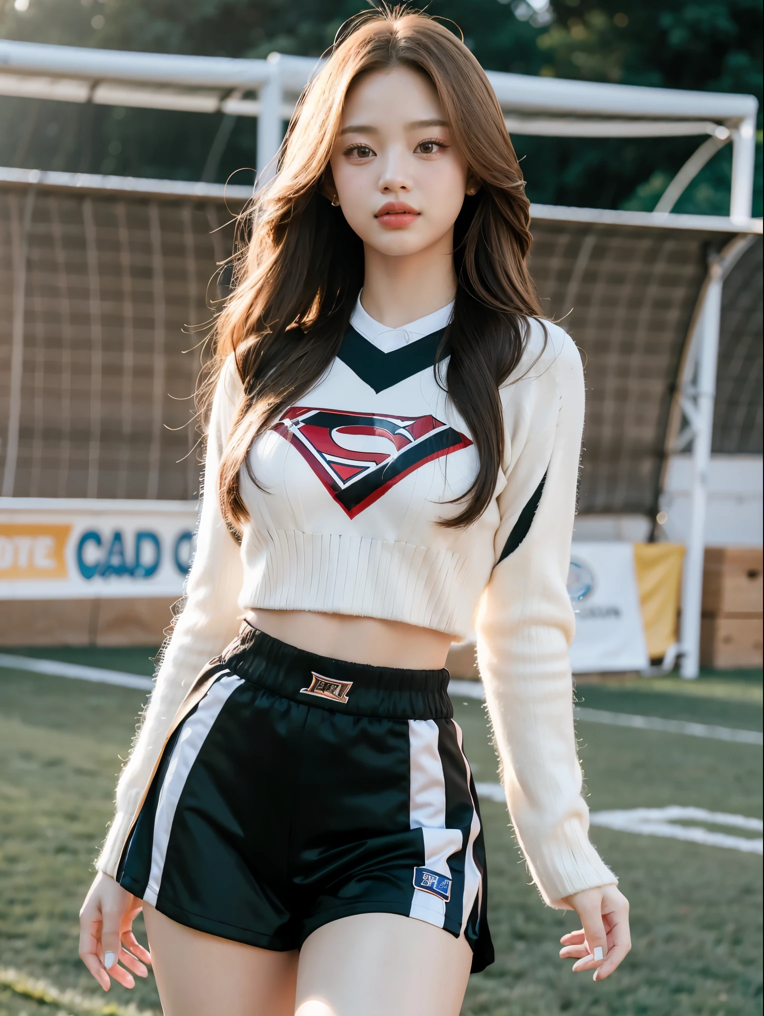 Masterpiece, superlative, realistic, Jennie wearing trendy football uniforms, knitwear, football shorts, HD, photography lighting, 16k