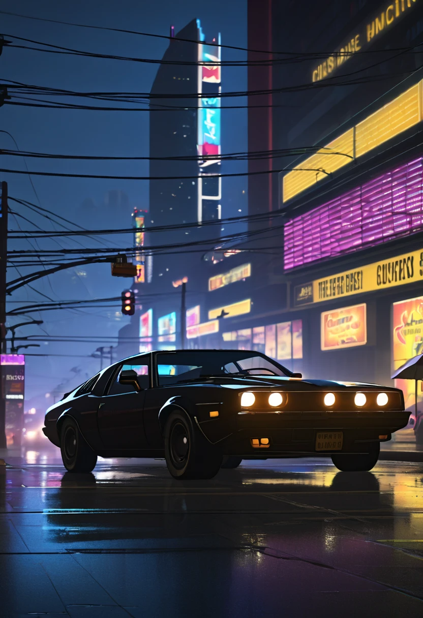 A dramatic, high-definition thumbnail for GTA V Online with a cool and mysterious edge. The scene features a jet-black sports car speeding through a rain-soaked urban street under a vibrant neon skyline. Lightning cracks in the stormy sky, illuminating towering skyscrapers. A masked figure in a sleek leather jacket stands on a rooftop, holding a glowing briefcase, with helicopters and police spotlights converging in the distance. The atmosphere is tense and cinematic, blending noir aesthetics with adrenaline-pumping action. Wet reflections, glowing city lights, and swirling mist add layers of depth and drama for a captivating visual.