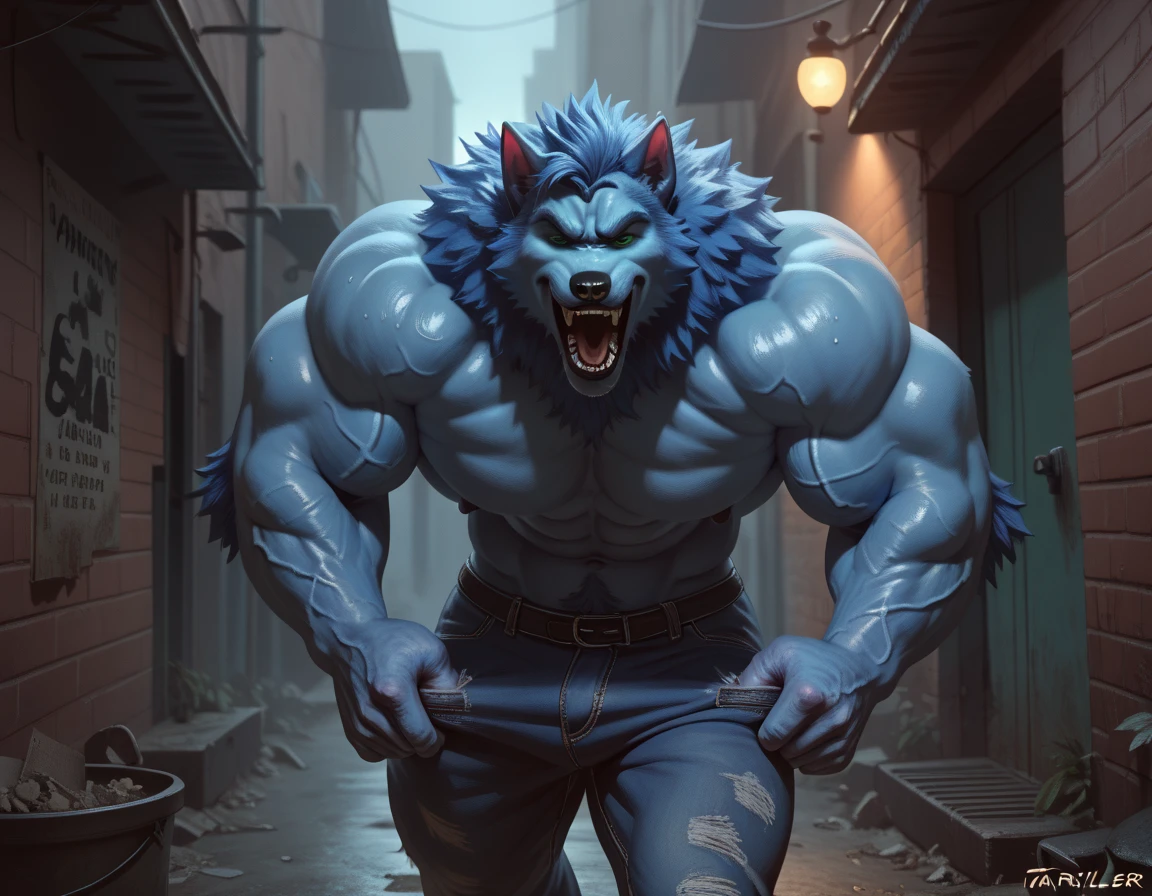 (2023:1), (best_quality:1), (high_quality:1), (absurd_res:1), (hi_res:1), (detailed:1) ,(Solo), huge werewolf , giant size, blue fur, blue body, blue skin, detailed, best art, masterpiece, quality, newest, dark alley, [partially human], muscular, painful expression, by taran fiddler, roaring, in pain, very huge veiny dick ,green vein, muscle growth, muscle tone, very huge muscle, very muscular,(1 hand pull down pants:1.1), (hyper muscular:1.1), veiny, sweaty, aroused ,in a dark alley, midnight, green light, green light source
