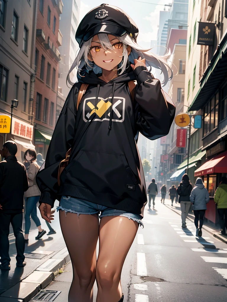 (​masterpiece、top-quality、hight resolution、Unity 8k、extremely details CG:1,Best Picture), Grey hair, yellow eyes,((((dark skin)))), 1girl, hat, "A modern urban setting, a young woman wearing a casual outfit consisting of a hoodie, jeans, and casual sneakers, standing in a bustling city street. She is not wearing a mask this time, and her face shows a wide, mischievous smile, her eyes sparkling with excitement. Her posture is relaxed but slightly playful, and her expression suggests she's eagerly imagining what's about to happen. The backdrop includes small shops and blurred passersby, emphasizing the focus on her emotions. She carries a small crossbody bag, with minimal belongings, implying her mind is solely focused on the person she's meeting. The mood is lighthearted, with a hint of intimacy and anticipation, as this is their second meeting, and they seem to have exceptional chemistry."