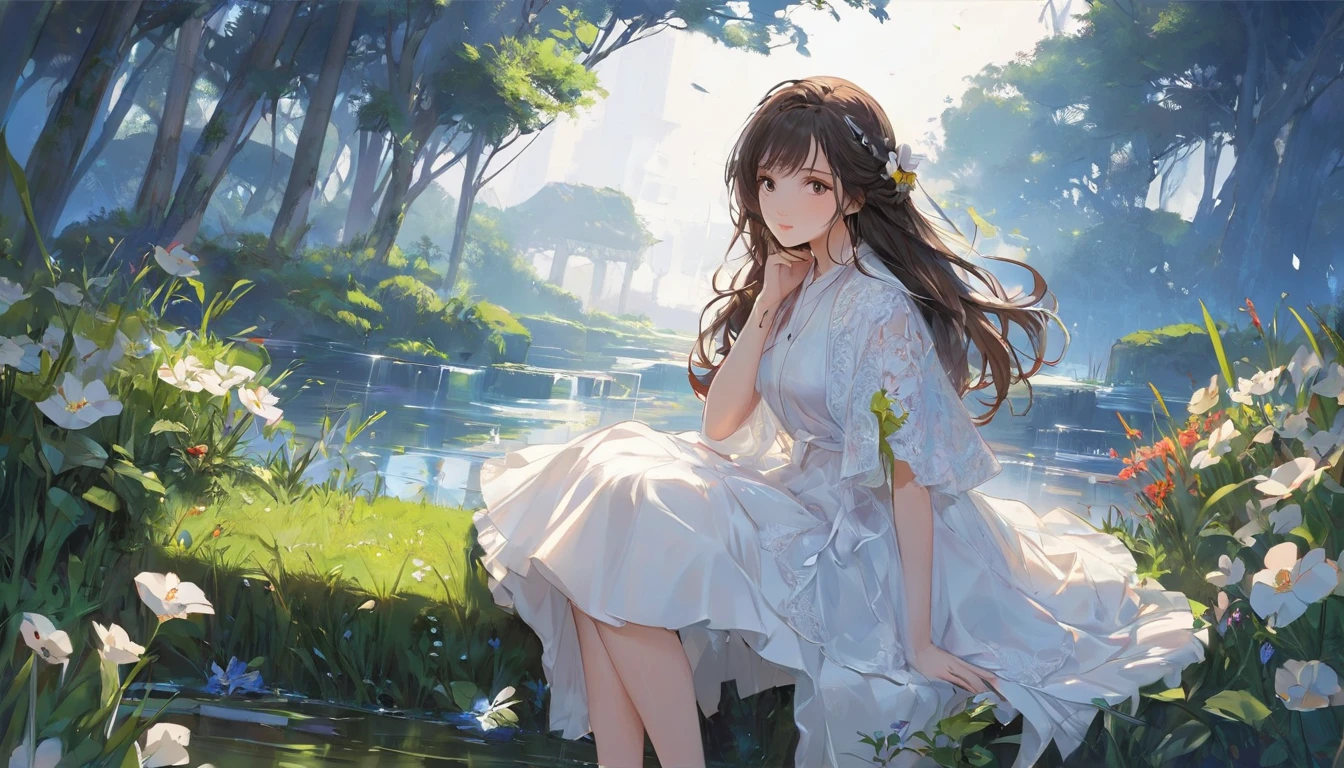 1girl,sparkle,Red eyes,glowing light,crossed legs,watercolor (medium),brook,Sit on a stone,((transparency:1.4) white_off-shoulder dress), flower pattern in dress,long hair,